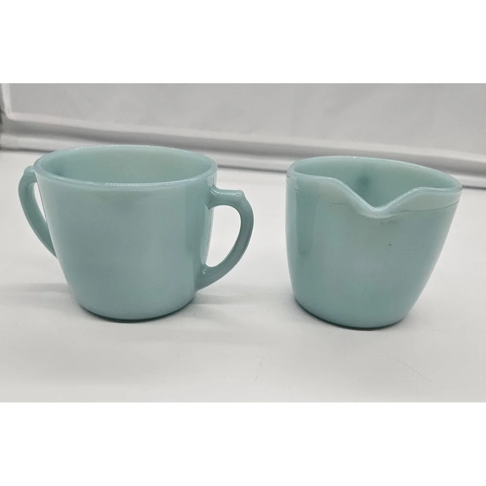Fire-King Turquoise Blue Milk‎ Glass Creamer and Sugar Bowl Set Vintage USA MCM